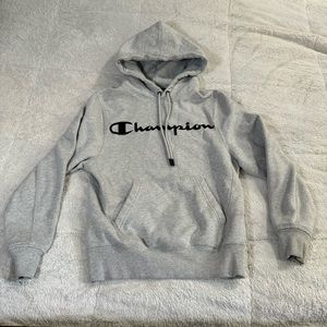 Champion Men’s Super Fleece 2.0 Hoodie in Gray Black Logo Lettering Size XS